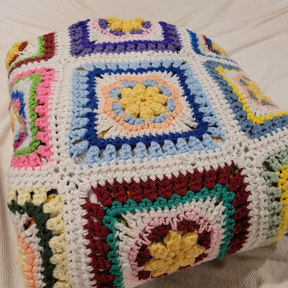 Vibrant Handmade Crochet Granny Square Afghan Blanket MultiColor Floral Sunburst